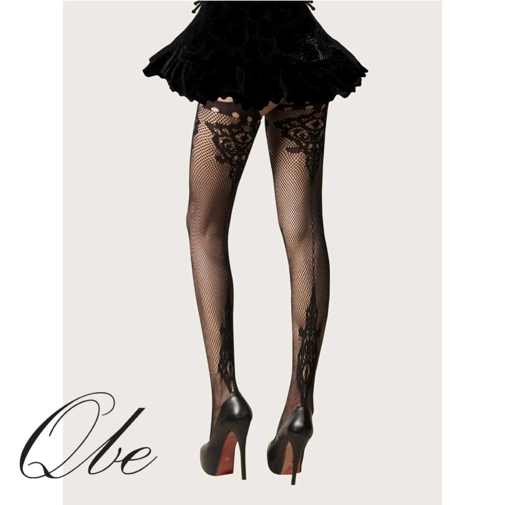 Qbe Fishnet Embroidery Thigh High Stockings